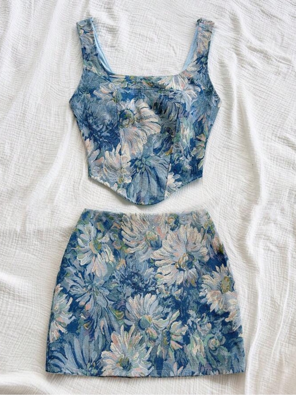 Floral Blue Daisy Print Mini Skirt Set